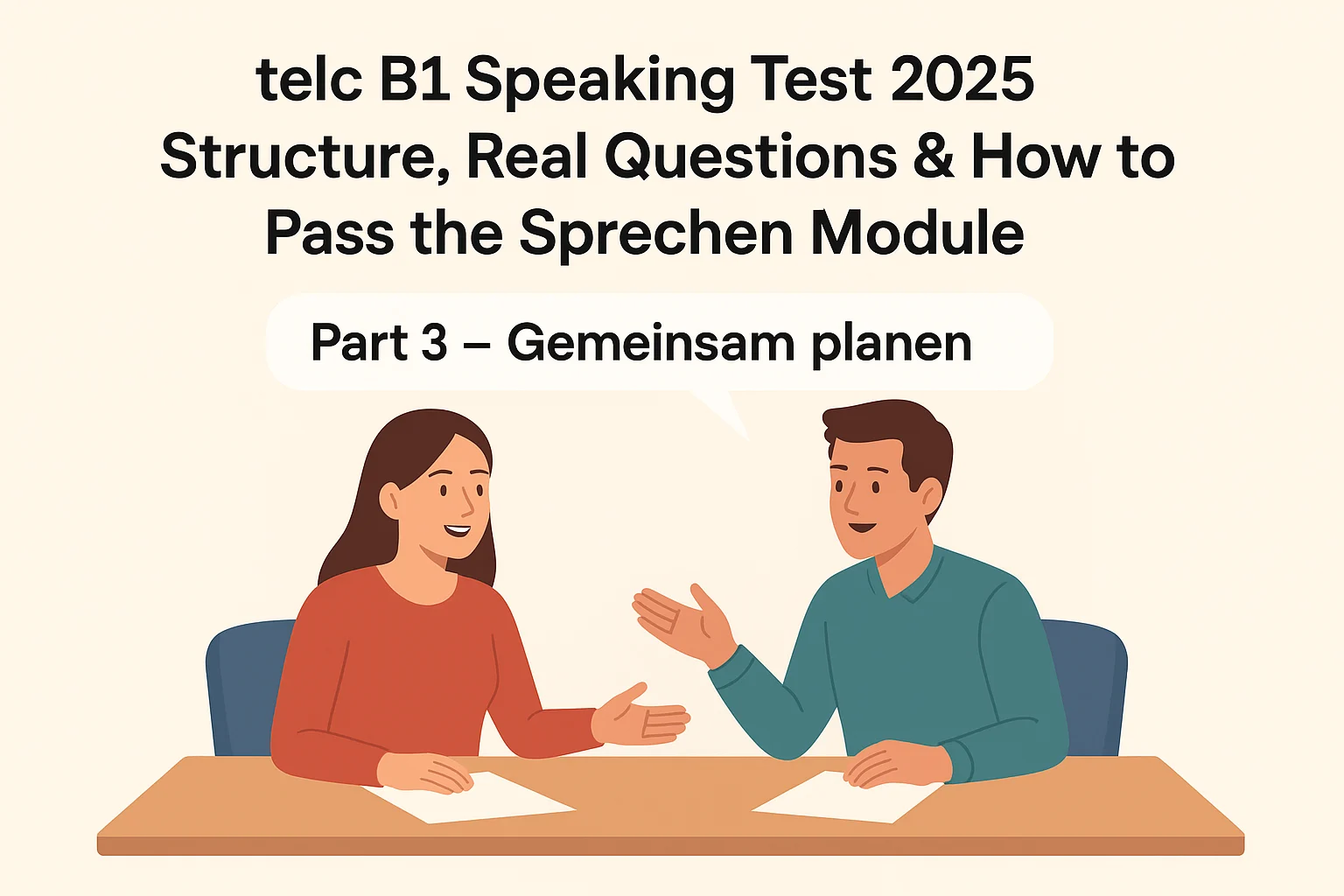 Two telc B1 candidates discussing a group activity during the Speaking module part 3 – Gemeinsam planen