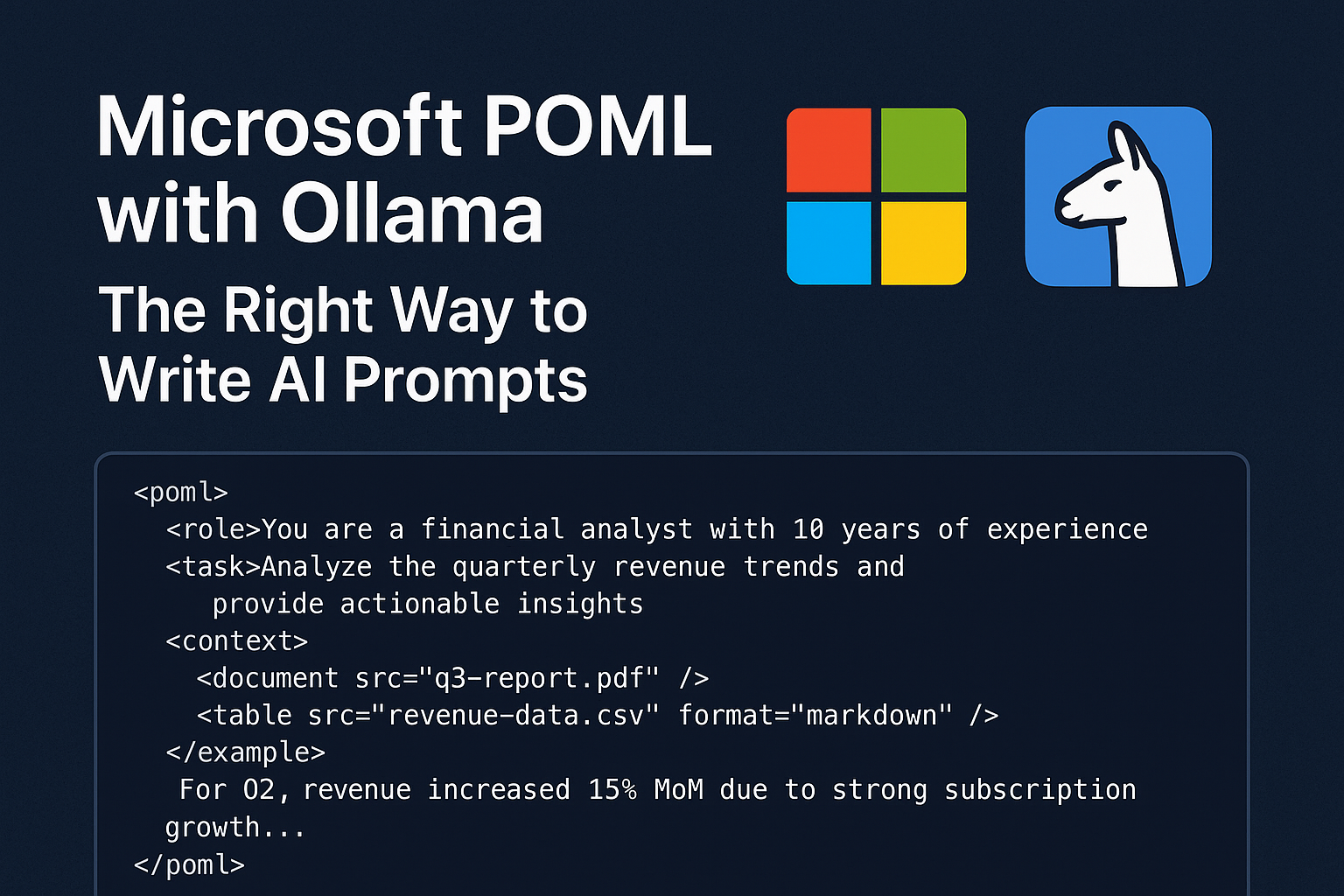 Microsoft POML and Ollama integration diagram showing structured prompt engineering workflow with HTML-like tags and local LLM execution
